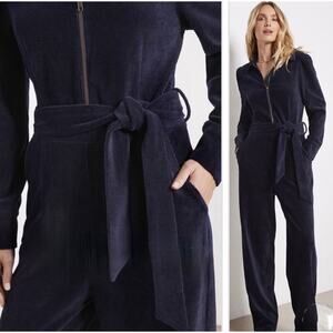 Evereve Gemma Corduroy Jumpsuit Size S Long Sleeves Zip Up Navy Blue Wide Leg